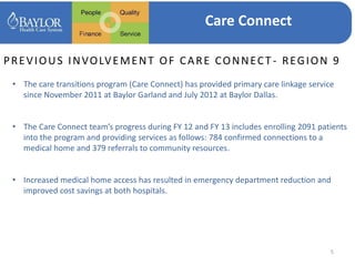 5
Care Connect
PREVIOUS INVOLVEMENT OF CARE CONNECT - REGION 9
• The care transitions program (Care Connect) has provided primary care linkage service
since November 2011 at Baylor Garland and July 2012 at Baylor Dallas.
• The Care Connect team’s progress during FY 12 and FY 13 includes enrolling 2091 patients
into the program and providing services as follows: 784 confirmed connections to a
medical home and 379 referrals to community resources.
• Increased medical home access has resulted in emergency department reduction and
improved cost savings at both hospitals.
 