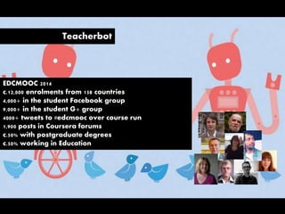 Teacherbot
EDCMOOC 2014
c.12,000 enrolments from 158 countries
4,000+ in the student Facebook group
9,000+ in the student G+ group
4000+ tweets to #edcmooc over course run
1,900 posts in Coursera forums
c.50% with postgraduate degrees
c.50% working in Education
 
