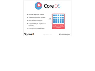 @RossKukulinski 
• Minimal Operating System 
• Automated software updates 
• Runs docker containers 
• Supported by all major cloud 
providers 
• Can also run on bare metal 
https://coreos.com/ 
 