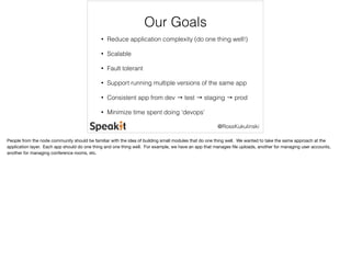 @RossKukulinski 
Our Goals 
• Reduce application complexity (do one thing well!) 
• Scalable 
• Fault tolerant 
• Support running multiple versions of the same app 
• Consistent app from dev → test → staging → prod 
• Minimize time spent doing ‘devops’ 
People from the node community should be familiar with the idea of building small modules that do one thing well. We wanted to take the same approach at the 
application layer. Each app should do one thing and one thing well. For example, we have an app that manages file uploads, another for managing user accounts, 
another for managing conference rooms, etc. 
 