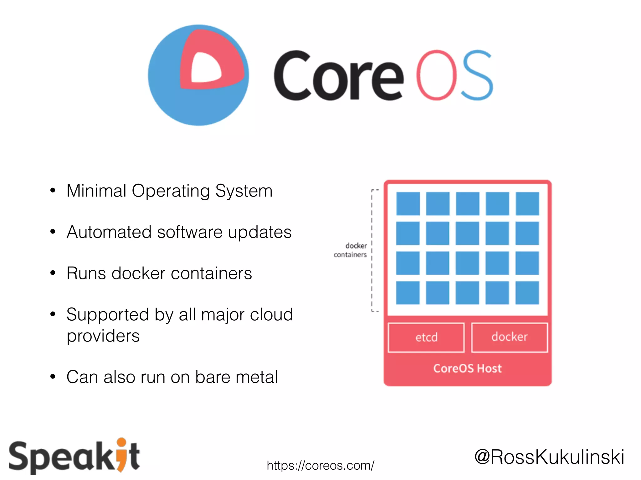 @RossKukulinski 
• Minimal Operating System 
• Automated software updates 
• Runs docker containers 
• Supported by all major cloud 
providers 
• Can also run on bare metal 
https://coreos.com/ 
 