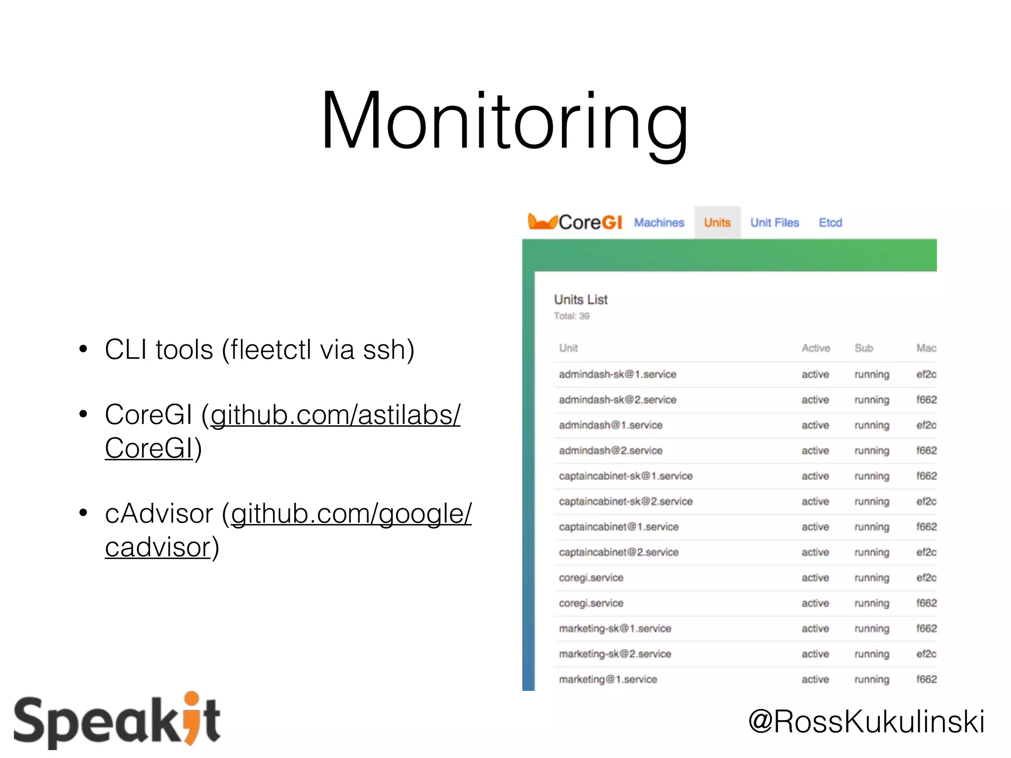 @RossKukulinski 
Monitoring 
• CLI tools (fleetctl via ssh) 
• CoreGI (github.com/astilabs/ 
CoreGI) 
• cAdvisor (github.com/google/ 
cadvisor) 
 