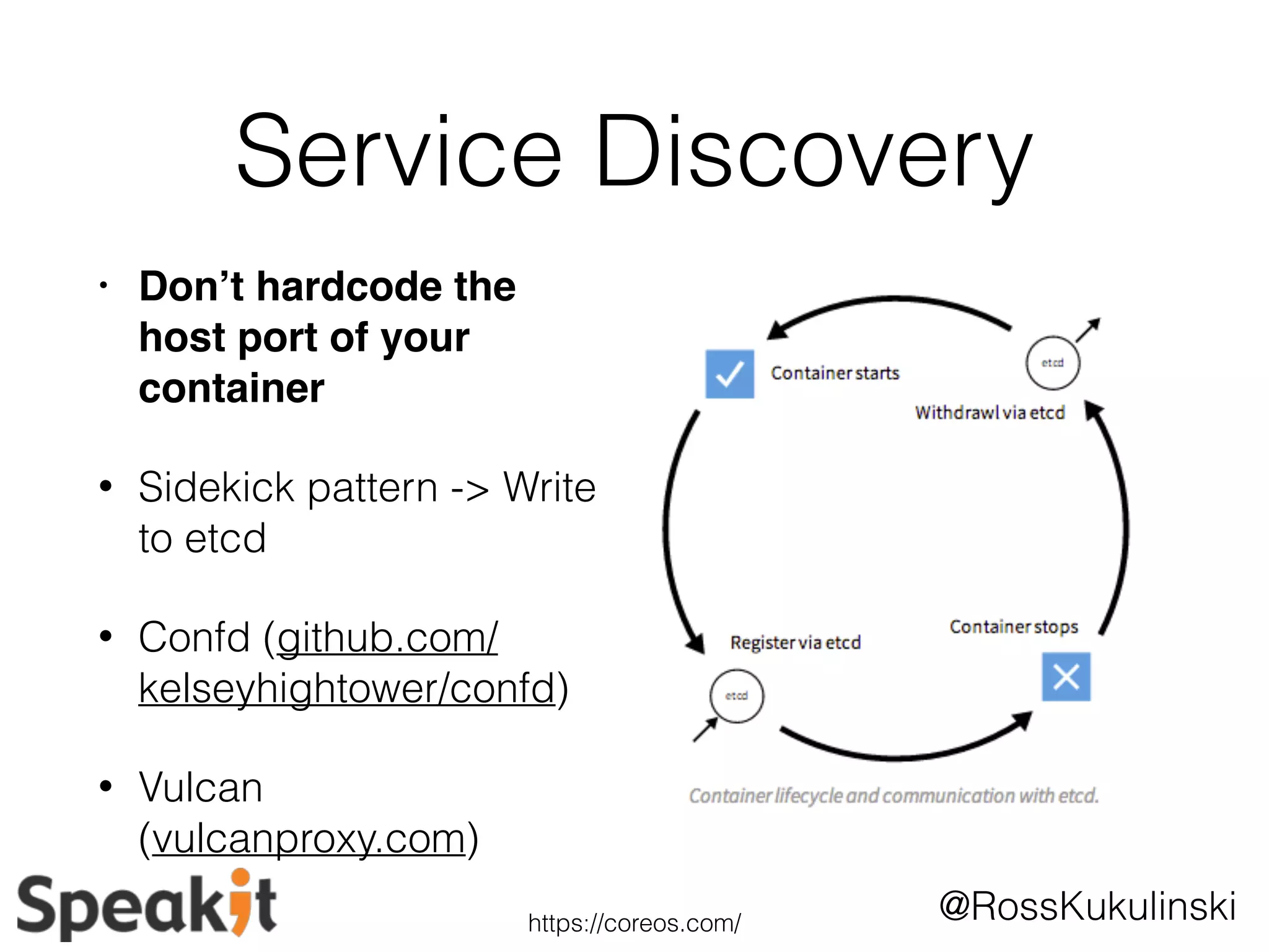 Service Discovery 
@RossKukulinski 
• Don’t hardcode the 
host port of your 
container 
• Sidekick pattern -> Write 
to etcd 
• Confd (github.com/ 
kelseyhightower/confd) 
• Vulcan 
(vulcanproxy.com) 
https://coreos.com/ 
 