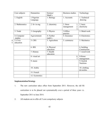 Core subjects Humanities Science/
Math’s
Business studies Technology
1. English 1.Nigerian
Language.
1. Biology 1. Accounts 1. Technical
drawing
2. Mathematics 2. lit- in eng 2. chemistry 2. Store
management
1. 2. basis
2. electricity
3.
3. Trade 3. Geography 3. Physics 3.Office
practice
3. Metal work
4. Computer
studies
4.government 4. Further
math’s
4. Insurance 4. Electronics
4. 5. Civic
5. education
5. CRS 5. Agriculture 5. commerce 5. Mechanics
6. IRS 6. Physical
education
6. building
Construction
7. History 7. Health
education
7. wood work
8. visual art 6. 8.Home
7. management
9. music 9. food &
Nutrition
10. Arabic 10. clothing
& textiles
11. French
12. Economics
Implementation/Strategy
1. The new curriculum takes effect from September 2011. However, the old SS
curriculum is to be phased out systematically over a period of three years i.e.
September 2011 to June 2014.
2. All students are to offer all 5 core compulsory subjects
43
 
