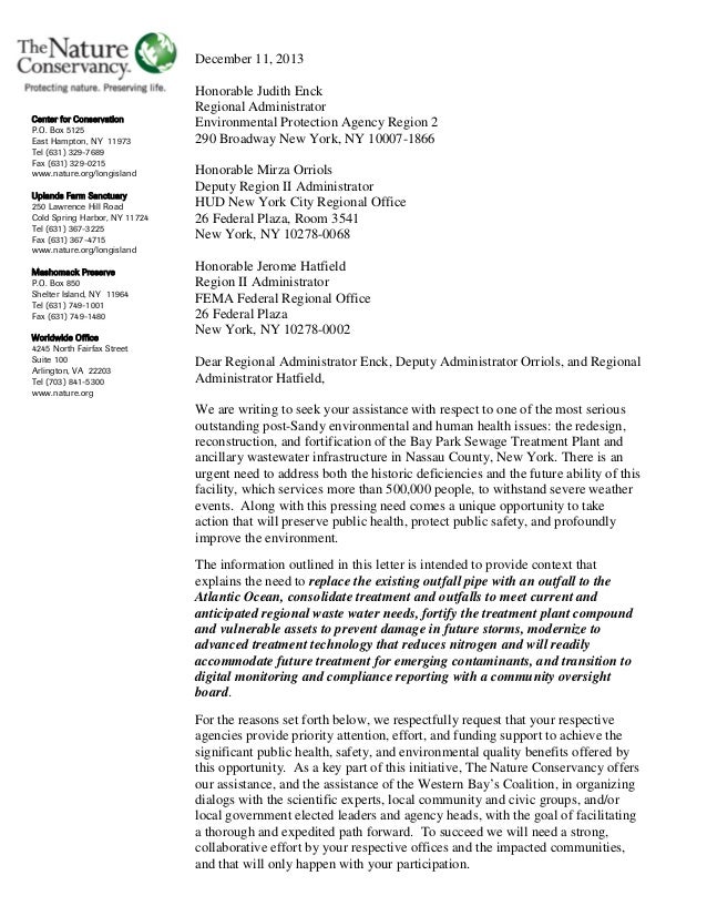 letter on the bay park sewage treatment plant 12 11 13 via conservation cover letter