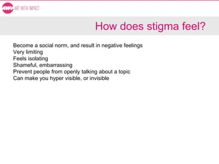 How does stigma feel?
Become a social norm, and result in negative feelings
Very limiting
Feels isolating
Shameful, embarrassing
Prevent people from openly talking about a topic
Can make you hyper visible, or invisible
 
