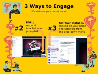 POLL:
respond
to a Poll when
prompted
#2
Set Your Status by
clicking on your name
and selecting from
the drop-down menu
#3
3 Ways to Engage
We welcome your participation!
 