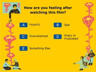 A Hopeful
C
B
D
E
Sad
Angry or
Frustrated
Something Else
Overwhelmed
How are you feeling after
watching this film?
 