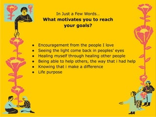 In Just a Few Words…
What motivates you to reach
your goals?
● Encouragement from the people I love
● Seeing the light come back in peoples’ eyes
● Healing myself through healing other people
● Being able to help others, the way that i had help
● Knowing that i make a difference
● Life purpose
 