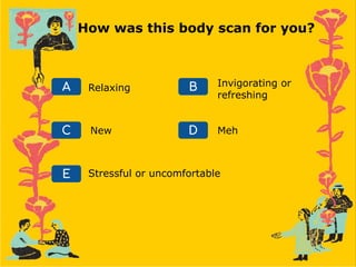 A Relaxing
C
B
D
E
Invigorating or
refreshing
Meh
Stressful or uncomfortable
New
How was this body scan for you?
 