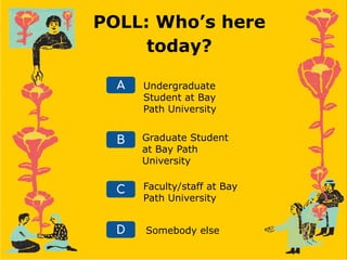 POLL: Who’s here
today?
A Undergraduate
Student at Bay
Path University
C
B Graduate Student
at Bay Path
University
Faculty/staff at Bay
Path University
D Somebody else
 
