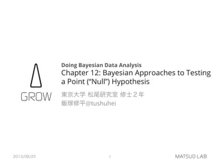 Doing Bayesian Data Analysis
Chapter 12: Bayesian Approaches to Testing
a Point (‘‘Null’’) Hypothesis
東京大学 松尾研究室 修士２年
飯塚修平@tushuhei
2013/08/25 1
 