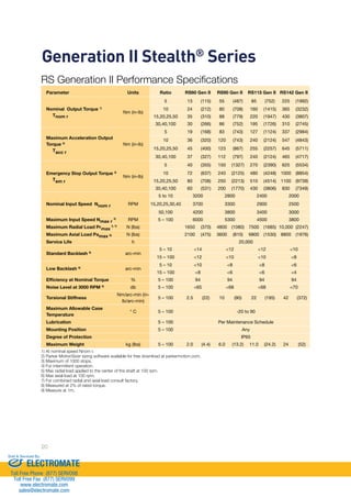 Generation II Stealth® Series 
RS Generation II Performance Specifications 
Parameter Units Ratio RS60 Gen II RS90 Gen II RS115 Gen II RS142 Gen II 
Nominal Output Torque 1) 
20 
Tnom r 
Nm (in-lb) 
5 13 (115) 55 (487) 85 (752) 225 (1992) 
10 24 (212) 80 (708) 160 (1415) 365 (3232) 
15,20,25,50 35 (310) 88 (779) 220 (1947) 430 (3807) 
30,40,100 30 (266) 86 (752) 195 (1726) 310 (2745) 
Maximum Acceleration Output 
Torque 2) 
Tacc r 
Nm (in-lb) 
5 19 (168) 83 (743) 127 (1124) 337 (2984) 
10 36 (320) 120 (743) 240 (2124) 547 (4843) 
15,20,25,50 45 (400) 123 (867) 255 (2257) 645 (5711) 
30,40,100 37 (327) 112 (797) 240 (2124) 465 (4717) 
Emergency Stop Output Torque 3) 
Tem r 
Nm (in-lb) 
5 40 (355) 150 (1327) 270 (2390) 625 (5534) 
10 72 (637) 240 (2125) 480 (4248) 1000 (8854) 
15,20,25,50 80 (708) 250 (2213) 510 (4514) 1100 (9739) 
30,40,100 60 (531) 200 (1770) 430 (3806) 830 (7349) 
Nominal Input Speed Nnom r RPM 
5 to 10 3200 2800 2400 2000 
15,20,25,30,40 3700 3300 2900 2500 
50,100 4200 3800 3400 3000 
Maximum Input Speed Nmax r 
4) RPM 5 – 100 6000 5300 4500 3800 
Maximum Radial Load Prmax 5, 7) N (lbs) 1650 (370) 4800 (1080) 7500 (1685) 10,000 (2247) 
Maximum Axial Load Pamax 6) N (lbs) 2100 (475) 3600 (810) 6800 (1530) 8800 (1976) 
Service Life h 20,000 
Standard Backlash 8) arc-min 
5 – 10 14 12 12 10 
15 – 100 12 10 10 8 
Low Backlash 8) arc-min 
5 – 10 10 8 8 6 
15 – 100 8 6 6 4 
Efficiency at Nominal Torque % 5 – 100 94 94 94 94 
Noise Level at 3000 RPM 9) db 5 – 100 65 68 68 70 
Torsional Stiffness 
Nm/arc-min (in-lb/ 
arc-min) 
5 – 100 2.5 (22) 10 (90) 22 (195) 42 (372) 
Maximum Allowable Case 
Temperature 
° C 5 – 100 -20 to 90 
Lubrication 5 – 100 Per Maintenance Schedule 
Mounting Position 5 – 100 Any 
Degree of Protection IP65 
Maximum Weight kg (lbs) 5 – 100 2.0 (4.4) 6.0 (13.2) 11.0 (24.2) 24 (52) 
1) At nominal speed Nnom r. 
2) Parker MotionSizer sizing software available for free download at parkermotion.com. 
3) Maximum of 1000 stops. 
4) For intermittent operation. 
5) Max radial load applied to the center of the shaft at 100 rpm. 
6) Max axial load at 100 rpm. 
7) For combined radial and axial load consult factory. 
8) Measured at 2% of rated torque. 
9) Measure at 1m. 
Sold  Serviced By: 
ELECTROMATE 
Toll Free Phone (877) SERVO98 
Toll Free Fax (877) SERV099 
www.electromate.com 
sales@electromate.com 
 