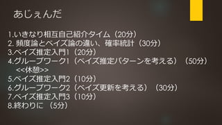 あじぇんだ
1.いきなり相互自己紹介タイム（20分）
2. 頻度論とベイズ論の違い、確率統計（30分）
3.ベイズ推定入門1（20分）
4.グループワーク1（ベイズ推定パターンを考える）（50分）
<<休憩>>
5.ベイズ推定入門2（10分）
...