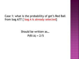 Case 1: what is the probability of get’s Red Ball
from bag A??? { bag A is already selected}
Should be written as…
P(R/A) = 2/5
 