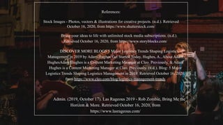 References:
Stock Images - Photos, vectors & illustrations for creative projects. (n.d.). Retrieved
October 16, 2020, from https://www.shutterstock.com/
Bring your ideas to life with unlimited stock media subscriptions. (n.d.).
Retrieved October 16, 2020, from https://www.storyblocks.com/
DISCOVER MORE BLOGS 5 Major Logistics Trends Shaping Logistics
Management in 2019 by Adam Hughes Get Started Today, Hughes, A., About Adam
HughesAdam Hughes is a Content Marketing Manager at Cleo. Previously, & Adam
Hughes is a Content Marketing Manager at Cleo. Previously. (n.d.). Blog: 5 Major
Logistics Trends Shaping Logistics Management in 2019. Retrieved October 16, 2020,
from https://www.cleo.com/blog/logistics-management-trends
Admin. (2019, October 17). Las Rageous 2019 - Rob Zombie, Bring Me the
Horizon & More. Retrieved October 16, 2020, from
https://www.lasrageous.com/
20
 