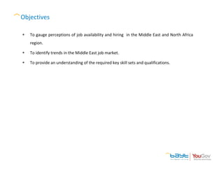 Objectives
To gauge perceptions of job availability and hiring in the Middle East and North Africa
region.
To identify tre...