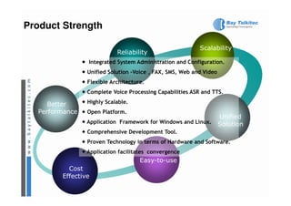 Product Strength

                                                          Scalability
                           Reliability
                Integrated System Administration and Configuration.
                Unified Solution –Voice , FAX, SMS, Web and Video
                Flexible Architecture.
                Complete Voice Processing Capabilities ASR and TTS.

     Better     Highly Scalable.
  Performance   Open Platform.
                                                             Unified
                Application Framework for Windows and Linux. Solution
                Comprehensive Development Tool.
                Proven Technology in terms of Hardware and Software.
                Application facilitates convergence
                                    Easy-to-use
          Cost
        Effective
 