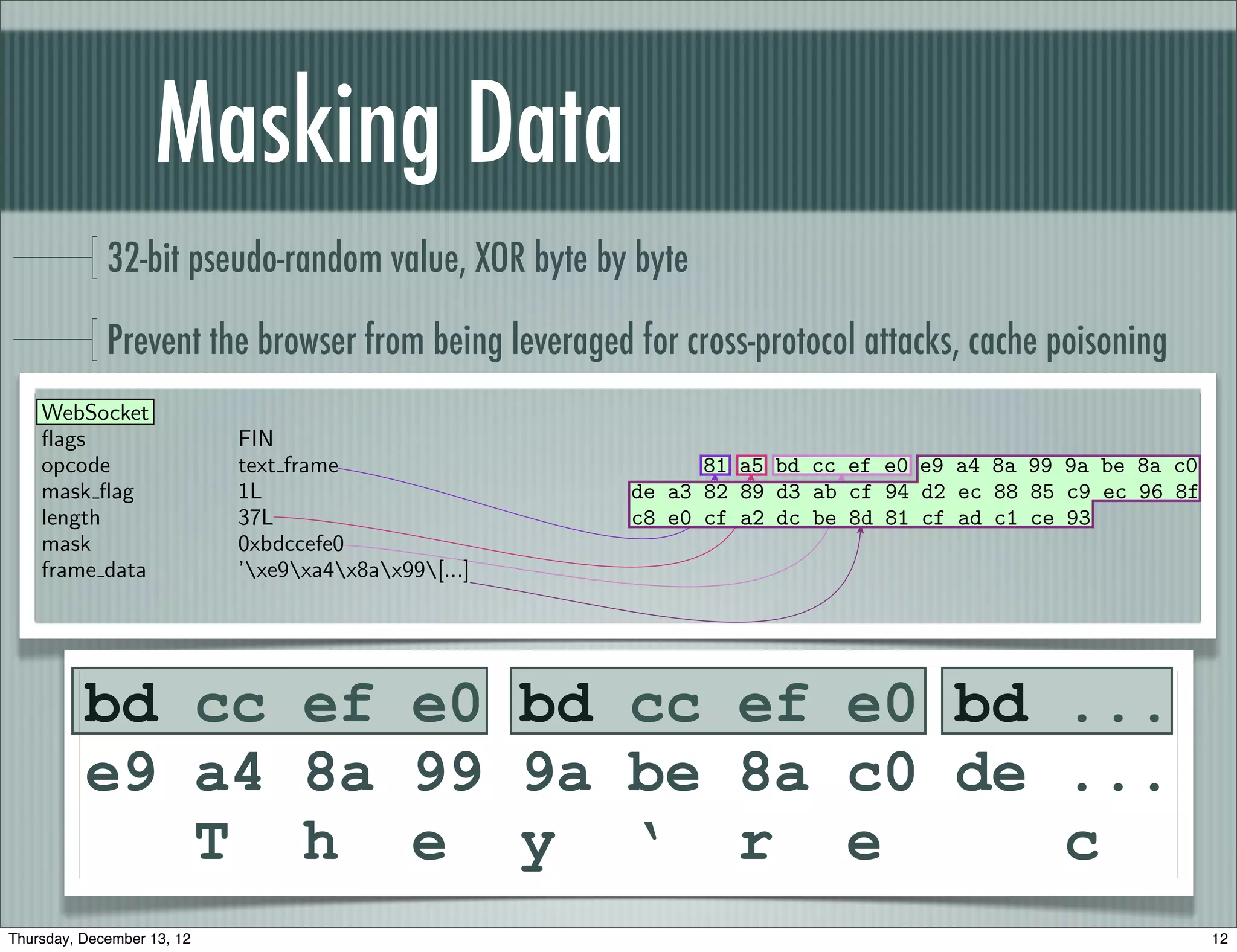 src                     10.171.90.44
    dst                     174.129.224.73
    options                 []



                    Masking Data
    TCP
    sport                   63784
    dport                   http
                                                            f9 28 00 50 fb 51 8d 7f ea d5 21 21 80 18
    seq                     4216425855
                                                      82 18 fa c2 00 00 01 01 08 0a c5 4f 2d e2 61 52
    ack                     3939836193
                                                      72 98
    dataofs                 8L
    reserved                0L
    ﬂags     32-bit pseudo-random value, XOR byte by byte
                            PA
    window                  33304
    chksum                  0xfac2
    urgptr   Prevent the browser from being leveraged for cross-protocol attacks, cache poisoning
                            0
    options                 [(’NOP’, None), (’[...]
    WebSocket
    ﬂags                    FIN
    opcode                  text frame                      81 a5 bd cc ef e0 e9 a4 8a 99 9a be 8a c0
    mask ﬂag                1L                        de a3 82 89 d3 ab cf 94 d2 ec 88 85 c9 ec 96 8f
    length                  37L                       c8 e0 cf a2 dc be 8d 81 cf ad c1 ce 93
    mask                    0xbdccefe0
    frame data              ’xe9xa4x8ax99[...]




          bd cc ef e0 bd cc ef e0 bd ...
          e9 a4 8a 99 9a be 8a c0 de ...
             T h e y ‘ r e           c
Thursday, December 13, 12                                                                               12
 