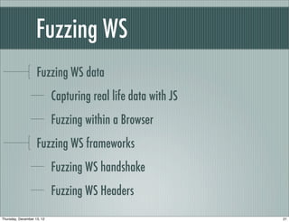 Fuzzing WS	
                    Fuzzing WS data
                            Capturing real life data with JS
             ...