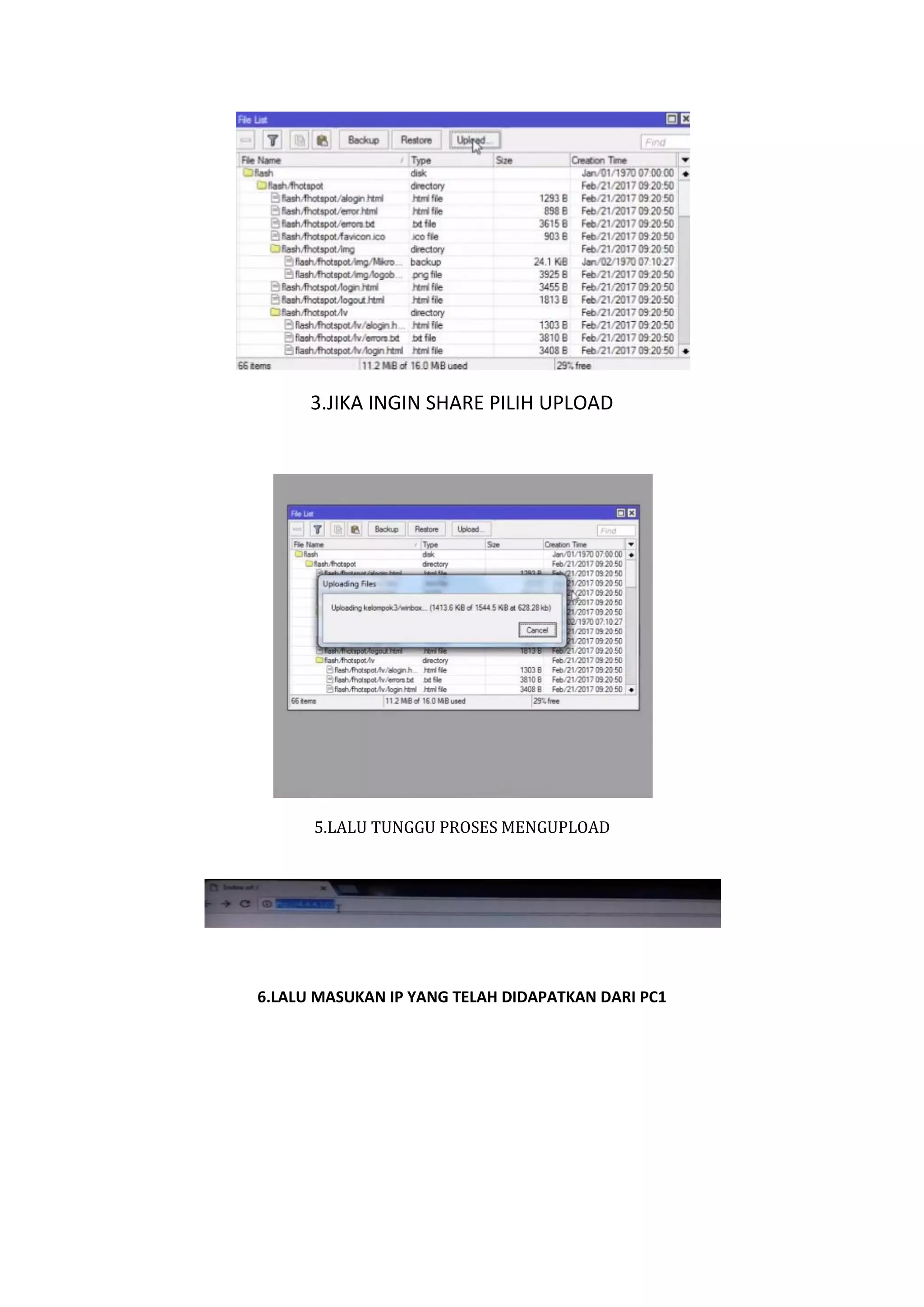 3.JIKA INGIN SHARE PILIH UPLOAD
5.LALU TUNGGU PROSES MENGUPLOAD
6.LALU MASUKAN IP YANG TELAH DIDAPATKAN DARI PC1
 