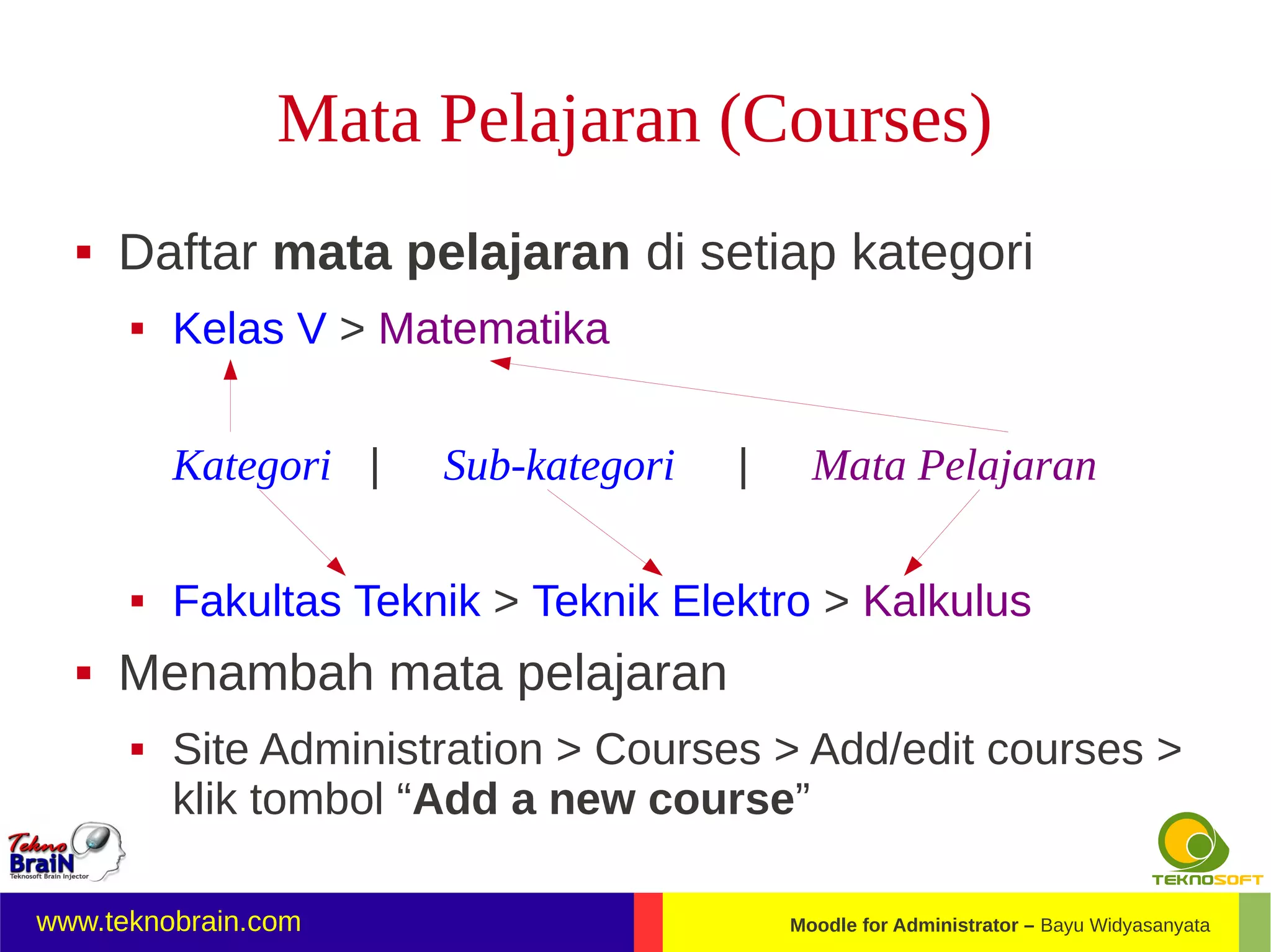 Mata Pelajaran (Courses)
     Daftar mata pelajaran di setiap kategori
         Kelas V > Matematika


          Kategori |   Sub-kategori   |     Mata Pelajaran

         Fakultas Teknik > Teknik Elektro > Kalkulus
     Menambah mata pelajaran
         Site Administration > Courses > Add/edit courses >
          klik tombol “Add a new course”

www.teknobrain.com                        Moodle for Administrator – Bayu Widyasanyata
 