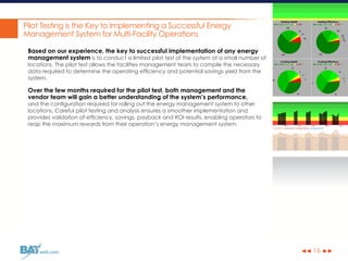 ◀◀ ▶▶web.com 16
Pilot Testing is the Key to Implementing a Successful Energy
Management System for Multi-Facility Operations
Based on our experience, the key to successful implementation of any energy
management system is to conduct a limited pilot test of the system at a small number of
locations. The pilot test allows the facilities management team to compile the necessary
data required to determine the operating efficiency and potential savings yield from the
system.
Over the few months required for the pilot test, both management and the
vendor team will gain a better understanding of the system’s performance,
and the configuration required for rolling out the energy management system to other
locations. Careful pilot testing and analysis ensures a smoother implementation and
provides validation of efficiency, savings, payback and ROI results, enabling operators to
reap the maximum rewards from their operation’s energy management system.
 