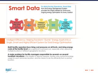 ◀◀ ▶▶web.com
Intelligent Efficiency: Helping Transform “Dumb” Energy Assets Into a
Single, Smart and Highly Efficient System for Total Energy Optimization
Multi-facility operators face rising cost pressures on all fronts, and rising energy
costs at the facility level are a significant overhead cost, especially when operating
multiple locations in different geographic locations.
A major problem for facility managers responsible for several—or several
hundred—locations is the inability to directly measure, monitor, and control the energy
usage for each and every location, and the means to do this efficiently from a central
location.
3
 