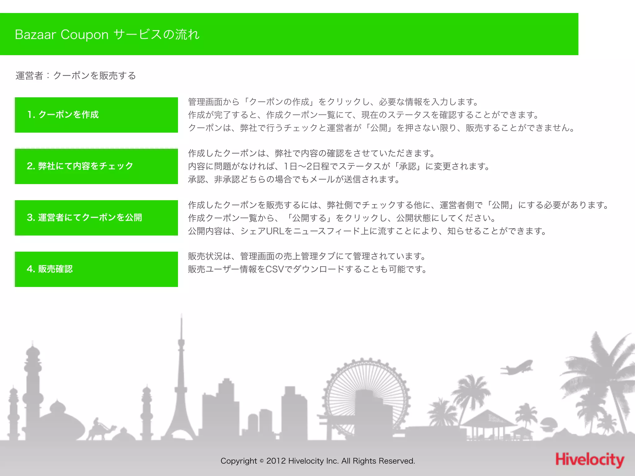 Bazaar Coupon サービスの流れ


運営者：クーポンを販売する

                   管理画面から「クーポンの作成」をクリックし、必要な情報を入力します。
 1. クーポンを作成        作成が完了すると、作成クーポン一覧にて、現在のステータスを確認することができます。
                   クーポンは、弊社で行うチェックと運営者が「公開」を押さない限り、販売することができません。

                   作成したクーポンは、弊社で内容の確認をさせていただきます。
 2. 弊社にて内容をチェック    内容に問題がなければ、1日∼2日程でステータスが「承認」に変更されます。
                   承認、非承認どちらの場合でもメールが送信されます。

                   作成したクーポンを販売するには、弊社側でチェックする他に、運営者側で「公開」にする必要があります。
 3. 運営者にてクーポンを公開   作成クーポン一覧から、「公開する」をクリックし、公開状態にしてください。
                   公開内容は、シェアURLをニュースフィード上に流すことにより、知らせることができます。

                   販売状況は、管理画面の売上管理タブにて管理されています。
 4. 販売確認           販売ユーザー情報をCSVでダウンロードすることも可能です。




                        Copyright © 2012 Hivelocity Inc. All Rights Reserved.
 