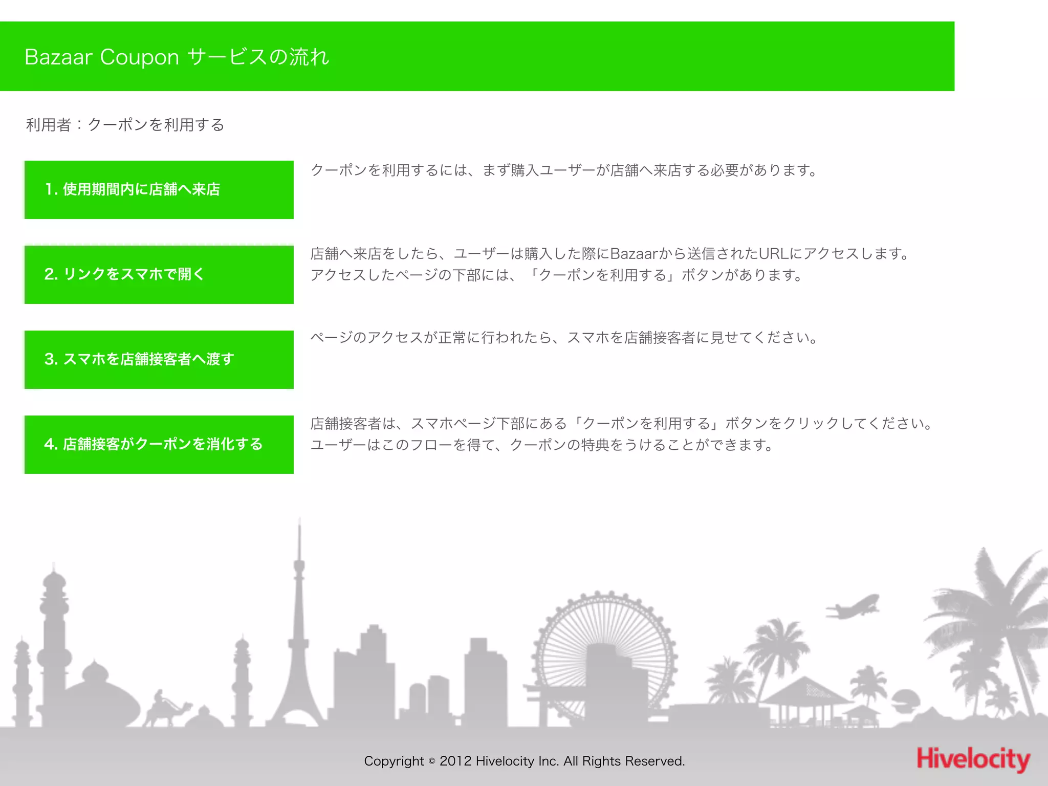 Bazaar Coupon サービスの流れ


利用者：クーポンを利用する

                     クーポンを利用するには、まず購入ユーザーが店舗へ来店する必要があります。
 1. 使用期間内に店舗へ来店



                     店舗へ来店をしたら、ユーザーは購入した際にBazaarから送信されたURLにアクセスします。
 2. リンクをスマホで開く       アクセスしたページの下部には、「クーポンを利用する」ボタンがあります。



                     ページのアクセスが正常に行われたら、スマホを店舗接客者に見せてください。
 3. スマホを店舗接客者へ渡す



                     店舗接客者は、スマホページ下部にある「クーポンを利用する」ボタンをクリックしてください。
 4. 店舗接客がクーポンを消化する   ユーザーはこのフローを得て、クーポンの特典をうけることができます。




                         Copyright © 2012 Hivelocity Inc. All Rights Reserved.
 