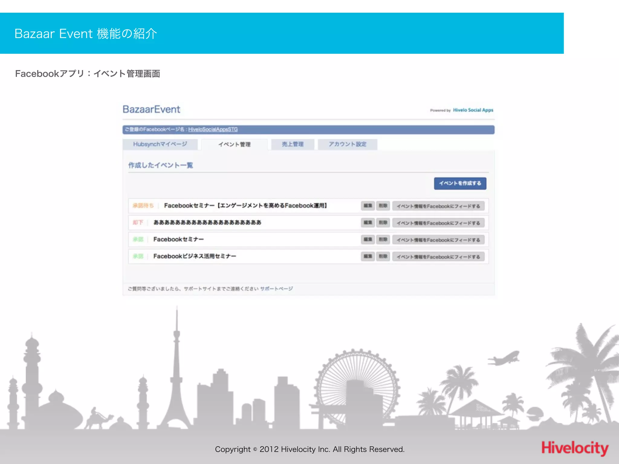 Bazaar Event 機能の紹介


Facebookアプリ：イベント管理画面




                       Copyright © 2012 Hivelocity Inc. All Rights Reserved.
 