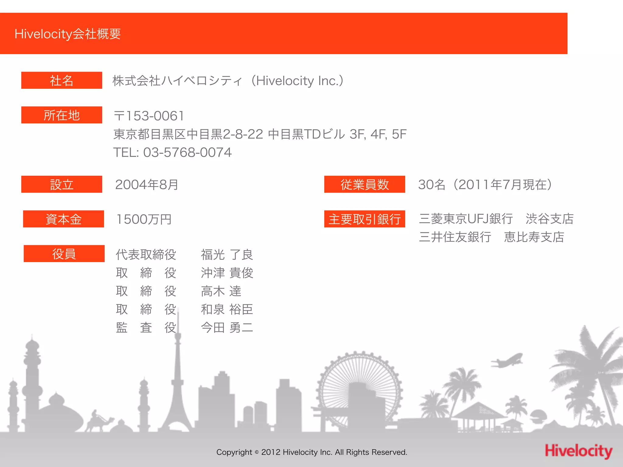 Hivelocity会社概要


    社名      株式会社ハイベロシティ（Hivelocity Inc.）

   所在地      〒153-0061
            東京都目黒区中目黒2-8-22 中目黒TDビル 3F, 4F, 5F
            TEL: 03-5768-0074

    設立       2004年8月                                      従業員数                  30名（2011年7月現在）

    資本金      1500万円                                    主要取引銀行                   三菱東京UFJ銀行 渋谷支店
                                                                                三井住友銀行 恵比寿支店
    役員       代表取締役  福光     了良
             取 締 役  沖津     貴俊
             取 締 役  高木     達
             取 締 役  和泉     裕臣
             監 査 役  今田     勇二




                        Copyright © 2012 Hivelocity Inc. All Rights Reserved.
 
