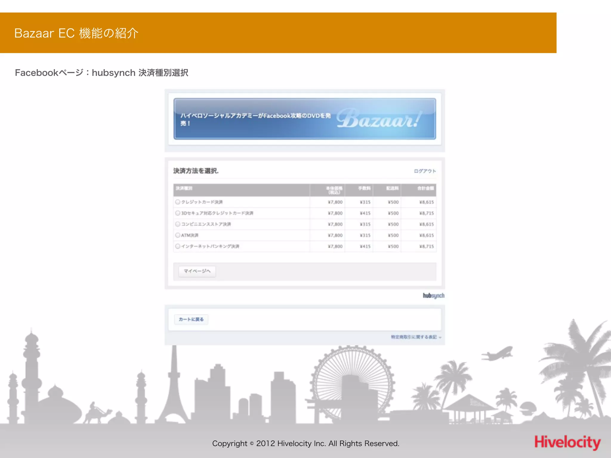 Bazaar EC 機能の紹介


Facebookページ：hubsynch 決済種別選択




                              Copyright © 2012 Hivelocity Inc. All Rights Reserved.
 