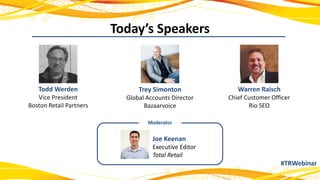 Today’s Speakers
Joe Keenan
Executive Editor
Total Retail
Moderator
Todd Werden
Vice President
Boston Retail Partners
Trey Simonton
Global Accounts Director
Bazaarvoice
#TRWebinar
Warren Raisch
Chief Customer Officer
Rio SEO
 