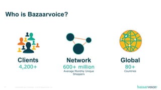 Confidential and Proprietary. © 2016 Bazaarvoice, Inc.24
Who is Bazaarvoice?
Network
600+ million
Average Monthly Unique
Shoppers
Clients
4,200+
Global
80+
Countries
 