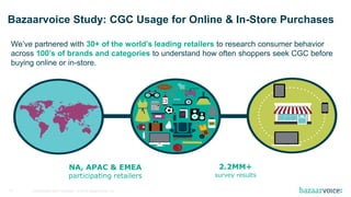 Confidential and Proprietary. © 2016 Bazaarvoice, Inc.35
Bazaarvoice Study: CGC Usage for Online & In-Store Purchases
We’ve partnered with 30+ of the world’s leading retailers to research consumer behavior
across 100’s of brands and categories to understand how often shoppers seek CGC before
buying online or in-store.
NA, APAC & EMEA
participating retailers
2.2MM+
survey results
 