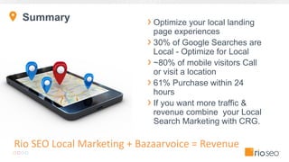 Summary Optimize your local landing
page experiences
30% of Google Searches are
Local - Optimize for Local
~80% of mobile visitors Call
or visit a location
61% Purchase within 24
hours
If you want more traffic &
revenue combine your Local
Search Marketing with CRG.
Rio SEO Local Marketing + Bazaarvoice = Revenue
 
