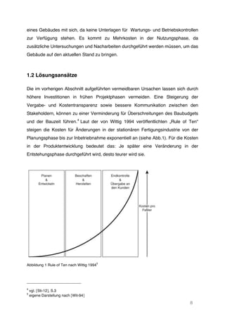 8
eines Gebäudes mit sich, da keine Unterlagen für Wartungs- und Betriebskontrollen
zur Verfügung stehen. Es kommt zu Mehrkosten in der Nutzungsphase, da
zusätzliche Untersuchungen und Nacharbeiten durchgeführt werden müssen, um das
Gebäude auf den aktuellen Stand zu bringen.
1.2 Lösungsansätze
Die im vorherigen Abschnitt aufgeführten vermeidbaren Ursachen lassen sich durch
höhere Investitionen in frühen Projektphasen vermeiden. Eine Steigerung der
Vergabe- und Kostentransparenz sowie bessere Kommunikation zwischen den
Stakeholdern, können zu einer Verminderung für Überschreitungen des Baubudgets
und der Bauzeit führen.4
Laut der von Wittig 1994 veröffentlichten „Rule of Ten“
steigen die Kosten für Änderungen in der stationären Fertigungsindustrie von der
Planungsphase bis zur Inbetriebnahme exponentiell an (siehe Abb.1). Für die Kosten
in der Produktentwicklung bedeutet das: Je später eine Veränderung in der
Entstehungsphase durchgeführt wird, desto teurer wird sie.
Abbildung 1 Rule of Ten nach Wittig 1994
5
4
vgl. [Sti-12], S.3
5
eigene Darstellung nach [Wit-94]
 