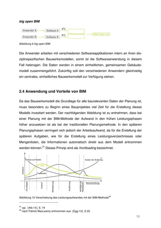 18
big open BIM
Abbildung 9 big open BIM
Die Anwender arbeiten mit verschiedenen Softwareapplikationen intern an ihren dis-
ziplinspezifischen Bauwerksmodellen, somit ist die Softwareanwendung in diesem
Fall heterogen. Die Daten werden in einem einheitlichen, gemeinsamen Gebäude-
modell zusammengeführt. Zukünftig soll den verschiedenen Anwendern gleichzeitig
ein zentrales, einheitliches Bauwerksmodell zur Verfügung stehen.
2.4 Anwendung und Vorteile von BIM
Da das Bauwerksmodell die Grundlage für alle baurelevanten Daten der Planung ist,
muss besonders zu Beginn eines Bauprojektes viel Zeit für die Erstellung dieses
Modells investiert werden. Der nachfolgenden Abbildung ist zu entnehmen, dass bei
einer Planung mit der BIM-Methode der Aufwand in den frühen Leistungsphasen
höher anzusetzen ist als bei der traditionellen Planungsmethode. In den späteren
Planungsphasen verringert sich jedoch der Arbeitsaufwand, da für die Erstellung der
späteren Aufgaben, wie für die Erstellung eines Leistungsverzeichnisses oder
Mengenlisten, die Informationen automatisch direkt aus dem Modell entnommen
werden können.27
Dieses Prinzip wird als frontloading bezeichnet.
Abbildung 10 Verschiebung des Leistungsaufwandes mit der BIM-Methode
28
27
vgl. [Alb-14], S. 74
28
nach Patrick MacLeamy entnommen aus [Egg-13], S.33
Gesamtmodell
Anwender A Software A
IFC
IFC BIM-Daten AB
Software BAnwender B
BIM
Traditionell
Aufwand
Grundlagen
Entwurf
Werkplanung
Ausführung
Verzögerung
Rechtsstreit
Kosten der Änderung
Bewirtschaftung
Einfluss auf Kosten
 