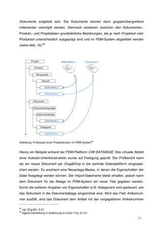 37
Dokumente aufgeteilt sein. Die Dokumente können dann gruppenübergreifend
miteinander verknüpft werden. Demnach existieren zwischen den Dokumenten-,
Produkt,- und Projektdaten grundsätzliche Beziehungen, die je nach Projektart oder
Produktart unterschiedlich ausgeprägt sind und im PDM-System abgebildet werden
(siehe Abb. 16).85
Abbildung 16 Beispiel einer Projektstruktur im PDM System
86
Hierzu ein Beispiel anhand der PDM-Plattform CIM DATABASE: Das virtuelle Abbild
einer Autositz-Unterkonstruktion wurde auf Festigung geprüft. Der Prüfbericht kann
als ein neues Dokument per Drag&Drop in die zentrale Datenplattform eingespei-
chert werden. Es erscheint eine Neuanlage-Maske, in denen die Eigenschaften der
Datei festgelegt werden können. Der Import-Dateiname bleibt erhalten, jedoch kann
dem Dokument für die Ablage im PDM-System ein neuer Titel gegeben werden.
Durch die weiteren Angaben von Eigenschaften (z.B: Kategorien) wird gesteuert, wie
das Dokument in die Dokumentablage eingeordnet wird. Wird das Feld Artikelnum-
mer ausfüllt, wird das Dokument dem Artikel mit der vorgegebenen Artikelnummer
85
vgl. [Eig-06], S.31
86
eigene Darstellung in Anlehnung an [Gün-11b], S.131
Projekt
Produkt
Baugruppe
Bauteil
Dokument a
Dokument b
Dokument
Dokument a
Dokument b
...
Dokumentengruppe
Dokumententyp
Kategorie
Dokument a Dokument b
 