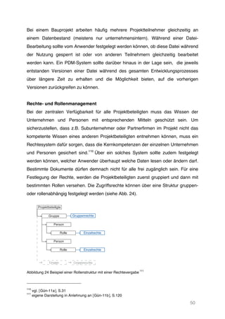 50
Bei einem Bauprojekt arbeiten häufig mehrere Projektteilnehmer gleichzeitig an
einem Datenbestand (meistens nur unternehmensintern). Während einer Datei-
Bearbeitung sollte vom Anwender festgelegt werden können, ob diese Datei während
der Nutzung gesperrt ist oder von anderen Teilnehmern gleichzeitig bearbeitet
werden kann. Ein PDM-System sollte darüber hinaus in der Lage sein, die jeweils
entstanden Versionen einer Datei während des gesamten Entwicklungsprozesses
über längere Zeit zu erhalten und die Möglichkeit bieten, auf die vorherigen
Versionen zurückgreifen zu können.
Rechte- und Rollenmanagement
Bei der zentralen Verfügbarkeit für alle Projektbeteiligten muss das Wissen der
Unternehmen und Personen mit entsprechenden Mitteln geschützt sein. Um
sicherzustellen, dass z.B. Subunternehmer oder Partnerfirmen im Projekt nicht das
kompetente Wissen eines anderen Projektbeteiligten entnehmen können, muss ein
Rechtesystem dafür sorgen, dass die Kernkompetenzen der einzelnen Unternehmen
und Personen gesichert sind.110
Über ein solches System sollte zudem festgelegt
werden können, welcher Anwender überhaupt welche Daten lesen oder ändern darf.
Bestimmte Dokumente dürfen demnach nicht für alle frei zugänglich sein. Für eine
Festlegung der Rechte, werden die Projektbeteiligten zuerst gruppiert und dann mit
bestimmten Rollen versehen. Die Zugriffsrechte können über eine Struktur gruppen-
oder rollenabhängig festgelegt werden (siehe Abb. 24).
Abbildung 24 Beispiel einer Rollenstruktur mit einer Rechtevergabe
111
110
vgl. [Gün-11a], S.31
111
eigene Darstellung in Anlehnung an [Gün-11b], S.120
Projektbeteiligte
Gruppe
Person
Person
Rolle
Gruppe
Rolle Einzelrechte
Einzelrechte
Gruppenrechte
Gruppenrechte
 