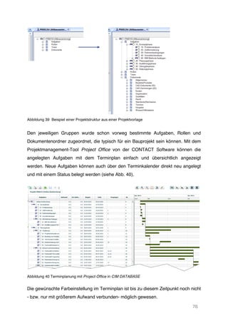 76
Abbildung 39 Beispiel einer Projektstruktur aus einer Projektvorlage
Den jeweiligen Gruppen wurde schon vorweg bestimmte Aufgaben, Rollen und
Dokumentenordner zugeordnet, die typisch für ein Bauprojekt sein können. Mit dem
Projektmanagement-Tool Project Office von der CONTACT Software können die
angelegten Aufgaben mit dem Terminplan einfach und übersichtlich angezeigt
werden. Neue Aufgaben können auch über den Terminkalender direkt neu angelegt
und mit einem Status belegt werden (siehe Abb. 40).
Abbildung 40 Terminplanung mit Project Office in CIM DATABASE
Die gewünschte Farbeinstellung im Terminplan ist bis zu diesem Zeitpunkt noch nicht
- bzw. nur mit größerem Aufwand verbunden- möglich gewesen.
 