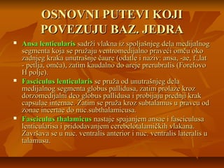 OSNOVNI PUTEVI KOJIOSNOVNI PUTEVI KOJI
POVEZUJU BAZ. JEDRAPOVEZUJU BAZ. JEDRA
 Ansa lenticularisAnsa lenticularis sadrži vlakna iz spoljašnjeg dela medijalnogsadrži vlakna iz spoljašnjeg dela medijalnog
segmenta koja se pružaju ventromedijalno praveći omču okosegmenta koja se pružaju ventromedijalno praveći omču oko
zadnjeg kraka unutrašnje čaure (odatle i naziv: ansa, -ae, f.,latzadnjeg kraka unutrašnje čaure (odatle i naziv: ansa, -ae, f.,lat
- petlja, omča), zatim kaudalno do areje prerubralis (Forelovo- petlja, omča), zatim kaudalno do areje prerubralis (Forelovo
H polje).H polje).
 Fasciculus lenticularisFasciculus lenticularis se pruža od unutrašnjeg delase pruža od unutrašnjeg dela
medijalnog segmenta globus pallidusa, zatim prolaze krozmedijalnog segmenta globus pallidusa, zatim prolaze kroz
dorzomedijalni deo globus pallidusa i probijaju prednji krakdorzomedijalni deo globus pallidusa i probijaju prednji krak
capsulae internae. Zatim se pruža kroz subtalamus u pravcu odcapsulae internae. Zatim se pruža kroz subtalamus u pravcu od
zonae incertae do nuc.subthalamicusa.zonae incertae do nuc.subthalamicusa.
 Fasciculus thalamicusFasciculus thalamicus nastaje spajanjem ansae i fasciculusanastaje spajanjem ansae i fasciculusa
lenticularisa i pridodavanjem cerebelotalamičkih vlakana.lenticularisa i pridodavanjem cerebelotalamičkih vlakana.
Završava se u nuc. ventralis anterior i nuc. ventralis lateralis uZavršava se u nuc. ventralis anterior i nuc. ventralis lateralis u
talamusu.talamusu.
 
