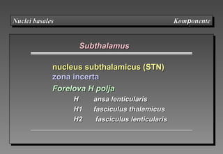 SubthalamusSubthalamus
nucleus subthalamicus (STN)nucleus subthalamicus (STN)
zona incertazona incerta
Forelova H poljaForelova H polja
HH ansa lenticularisansa lenticularis
H1H1 fasciculus thalamicfasciculus thalamicusus
H2H2 fasciculus lenticularfasciculus lenticularisis
Nuclei basales KomNuclei basales KompponenteonenteNuclei basales KomNuclei basales Kompponenteonente
 