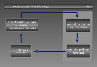 Nuclei basales (Nuclei basales (limbička petljalimbička petlja) veze) vezeNuclei basales (Nuclei basales (limbička petljalimbička petlja) veze) veze
OrbiOrbitotofrontalfrontalnini kkortexortexksks
Gy. cinguliGy. cinguli
HipocampaHipocampanana fformaormacijacija
THALAMUSTHALAMUS
(VAmc, MD)(VAmc, MD)
ventralniventralni sstriatumtriatum
Nuc. CaudatusNuc. Caudatus
ventralniventralni ppallidumallidum
GPi, SNrGPi, SNr
 