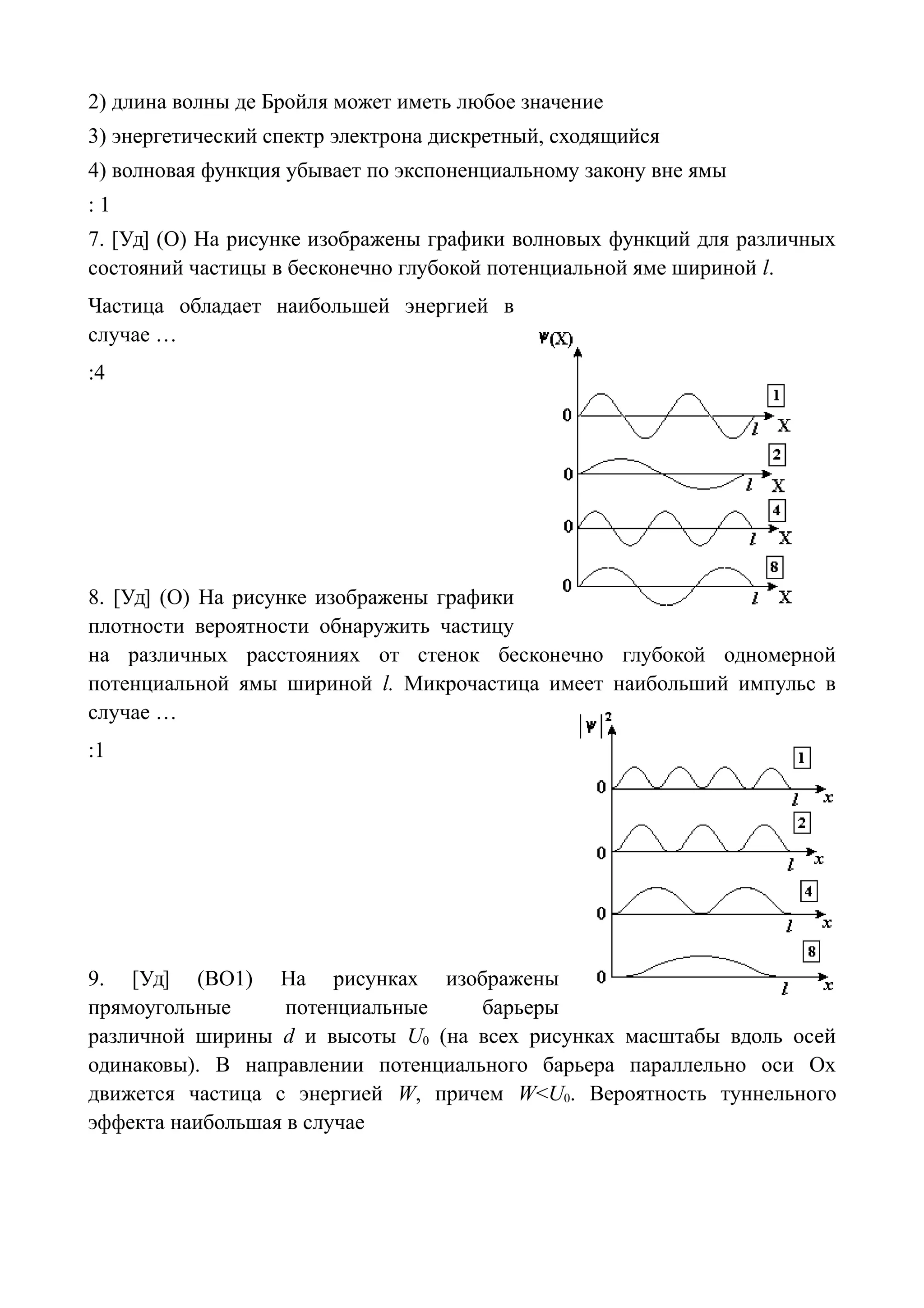 2) длина волны де Бройля может иметь любое значение
3) энергетический спектр электрона дискретный, сходящийся
4) волновая функция убывает по экспоненциальному закону вне ямы
: 1
7. [Уд] (О) На рисунке изображены графики волновых функций для различных
состояний частицы в бесконечно глубокой потенциальной яме шириной l.
Частица обладает наибольшей энергией в
случае …
:4
8. [Уд] (О) На рисунке изображены графики
плотности вероятности обнаружить частицу
на различных расстояниях от стенок бесконечно глубокой одномерной
потенциальной ямы шириной l. Микрочастица имеет наибольший импульс в
случае …
:1
9. [Уд] (ВО1) На рисунках изображены
прямоугольные потенциальные барьеры
различной ширины d и высоты U0 (на всех рисунках масштабы вдоль осей
одинаковы). В направлении потенциального барьера параллельно оси Ох
движется частица с энергией W, причем W<U0. Вероятность туннельного
эффекта наибольшая в случае
 