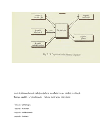 Aktiviteti i manaxhmentit padyshim duhet te kuptohet si pjese e mjedisit (rrethines).
Per nga aspektet e vrojtimit mjedisi – rrethina mund te jete e ndryshme:
- mjedisi teknologjik
- mjedisi ekonomik
- mjedisi nderkombetar
- mjedisi shoqeror
 
