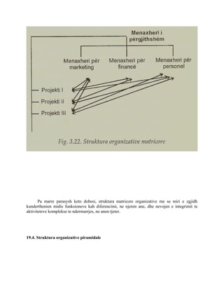Pa marre parasysh keto dobesi, struktura matricore organizative me se miri e zgjidh
kunderthenien midis funksioneve kah diferencimi, ne njeren ane, dhe nevojen e integrimit te
aktiviteteve komplekse te ndermarrjes, ne anen tjeter.
19.4. Struktura organizative piramidale
 