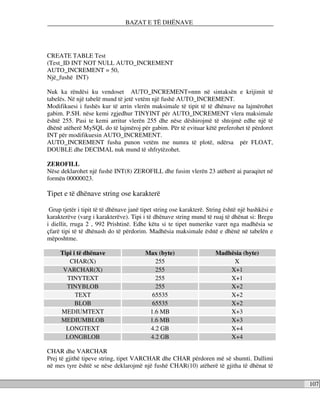 BAZAT E TË DHËNAVE




CREATE TABLE Test
(Test_ID INT NOT NULL AUTO_INCREMENT
AUTO_INCREMENT = 50,
Një_fushë INT)

Nuk ka rëndësi ku vendoset AUTO_INCREMENT=nnn në sintaksën e krijimit të
tabelës. Në një tabelë mund të jetë vetëm një fushë AUTO_INCREMENT.
Modifikuesi i fushës kur të arrin vlerën maksimale të tipit të të dhënave na lajmërohet
gabim. P.SH. nëse kemi zgjedhur TINYINT për AUTO_INCREMENT vlera maksimale
është 255. Pasi te kemi arritur vlerën 255 dhe nëse dëshirojmë të shtojmë edhe një të
dhënë atëherë MySQL do të lajmëroj për gabim. Për të evituar këtë preferohet të përdoret
INT për modifikuesin AUTO_INCREMENT.
AUTO_INCREMENT fusha punon vetëm me numra të plotë, ndërsa për FLOAT,
DOUBLE dhe DECIMAL nuk mund të shfrytëzohet.

ZEROFILL
Nëse deklarohet një fushë INT(8) ZEROFILL dhe fusim vlerën 23 atëherë ai paraqitet në
formën 00000023.

Tipet e të dhënave string ose karakterë

 Grup tjetër i tipit të të dhënave janë tipet string ose karakterë. String është një bashkësi e
karakterëve (varg i karakterëve). Tipi i të dhënave string mund të ruaj të dhënat si: Bregu
i diellit, rruga 2 , 992 Prishtinë. Edhe këtu si te tipet numerike varet nga madhësia se
çfarë tipi të të dhënash do të përdorim. Madhësia maksimale është e dhënë në tabelën e
mëposhtme.

     Tipi i të dhënave                   Max (byte)                   Madhësia (byte)
        CHAR(X)                             255                            X
      VARCHAR(X)                            255                           X+1
       TINYTEXT                             255                           X+1
       TINYBLOB                             255                           X+2
           TEXT                            65535                          X+2
           BLOB                            65535                          X+2
     MEDIUMTEXT                           1.6 MB                          X+3
     MEDIUMBLOB                           1.6 MB                          X+3
       LONGTEXT                           4.2 GB                          X+4
       LONGBLOB                           4.2 GB                          X+4

CHAR dhe VARCHAR
Prej të gjithë tipeve string, tipet VARCHAR dhe CHAR përdoren më së shumti. Dallimi
në mes tyre është se nëse deklarojmë një fushë CHAR(10) atëherë të gjitha të dhënat të

                                                                                                  107
 