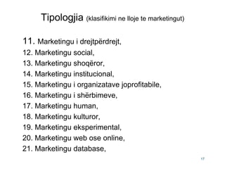 Tipologjia (klasifikimi ne lloje te marketingut)

11. Marketingu i drejtpërdrejt,
12. Marketingu social,
13. Marketingu shoqëror,
14. Marketingu institucional,
15. Marketingu i organizatave joprofitabile,
16. Marketingu i shërbimeve,
17. Marketingu human,
18. Marketingu kulturor,
19. Marketingu eksperimental,
20. Marketingu web ose online,
21. Marketingu database,
                                                        17
 